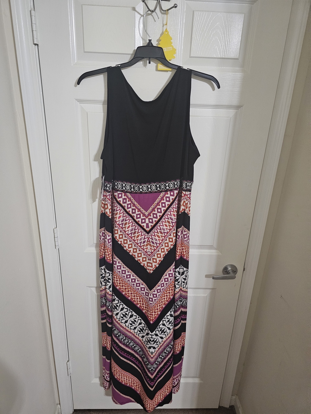 Sleeveless Black Maxi Dress with Pink & Orange Chevron Print